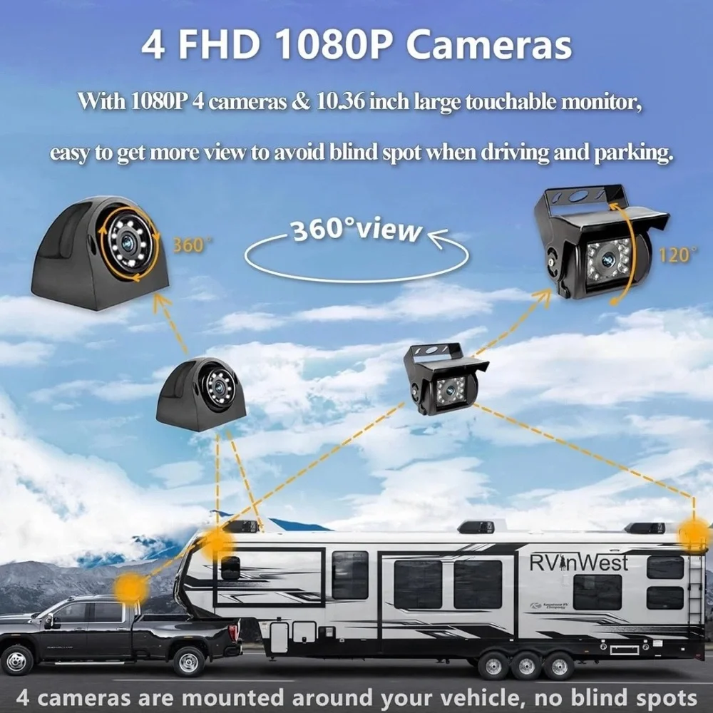 🔥 4K RV & Truck Backup Camera 10.36” Touch Monitor 4-Cam Split DVR Night Vision🔥